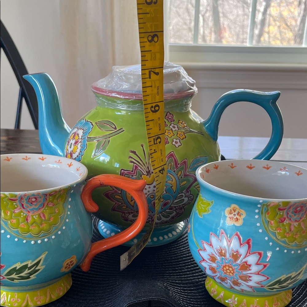 Dutch Wax Colorful Hand Painted Floral Ceramic New Teapot and 2 Cups Set - Picture 5 of 15